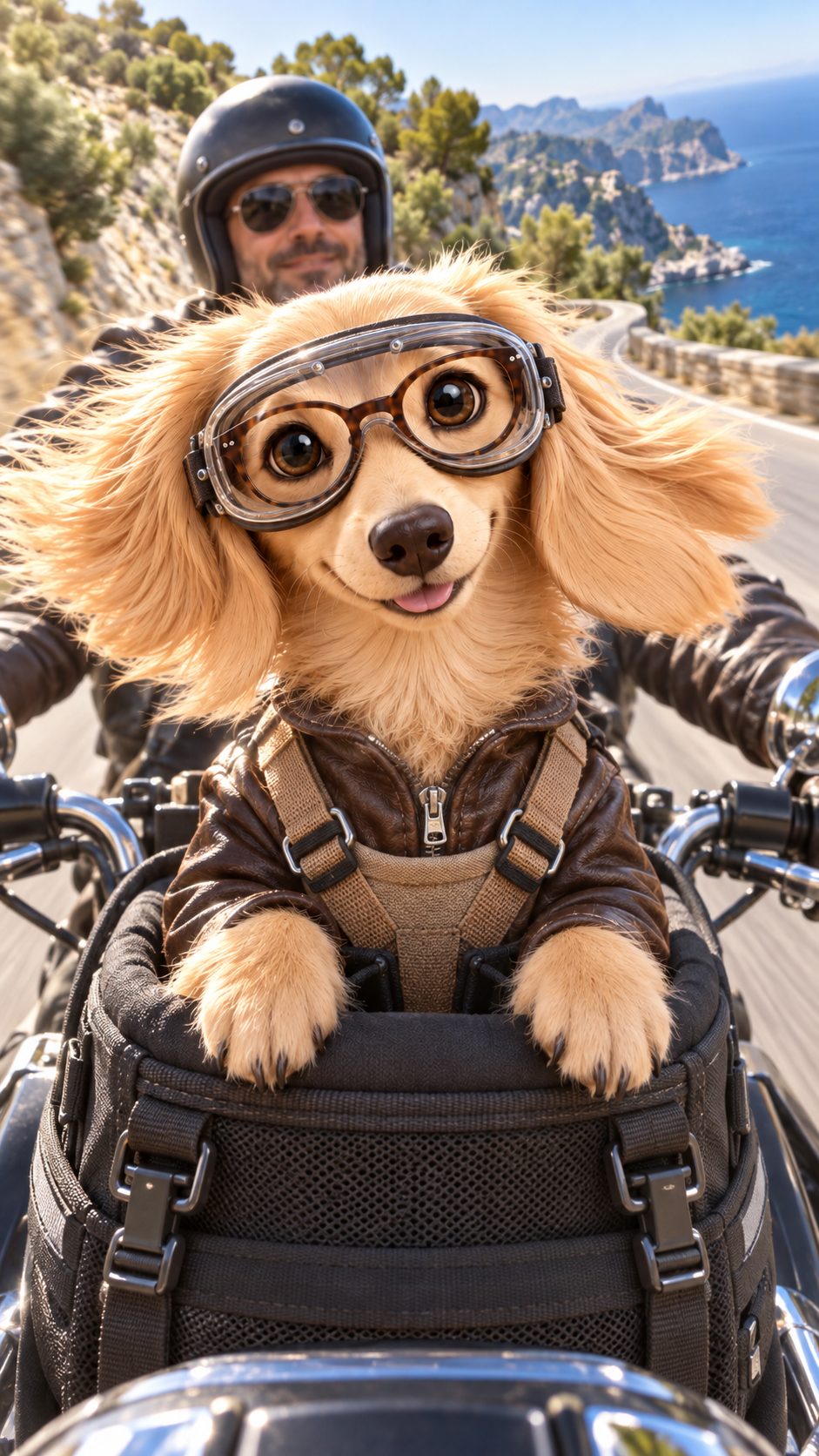 Rosi im Motorrad-Outfit auf einer Harley an Mallorcas Küste