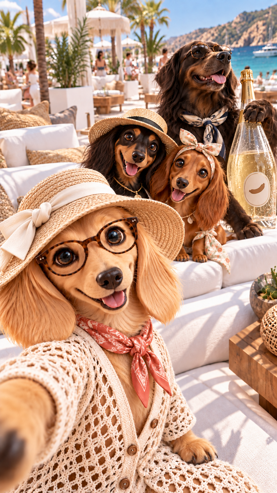 Rosi mit elegantem cremefarbenem Lady-Strandhut, Brille und Drink im Beachclub