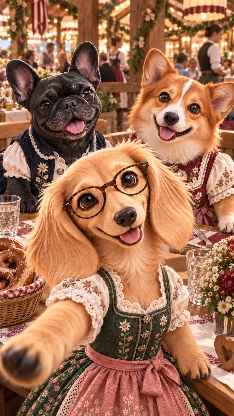 Rosi im Dirndl mit zwei Hundefreundinnen an einem Wiesn-Tisch